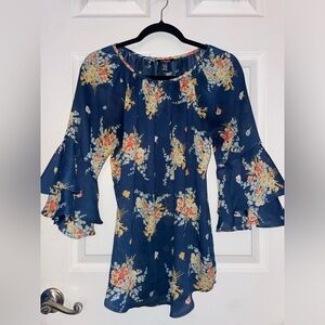 Chaps Navy Floral 3/4 Length Ruffle Sleeve Blouse